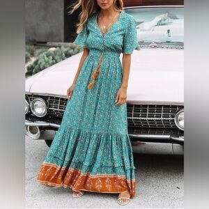 R. Vivimos Teal and Orange Maxi Dress Size Medium